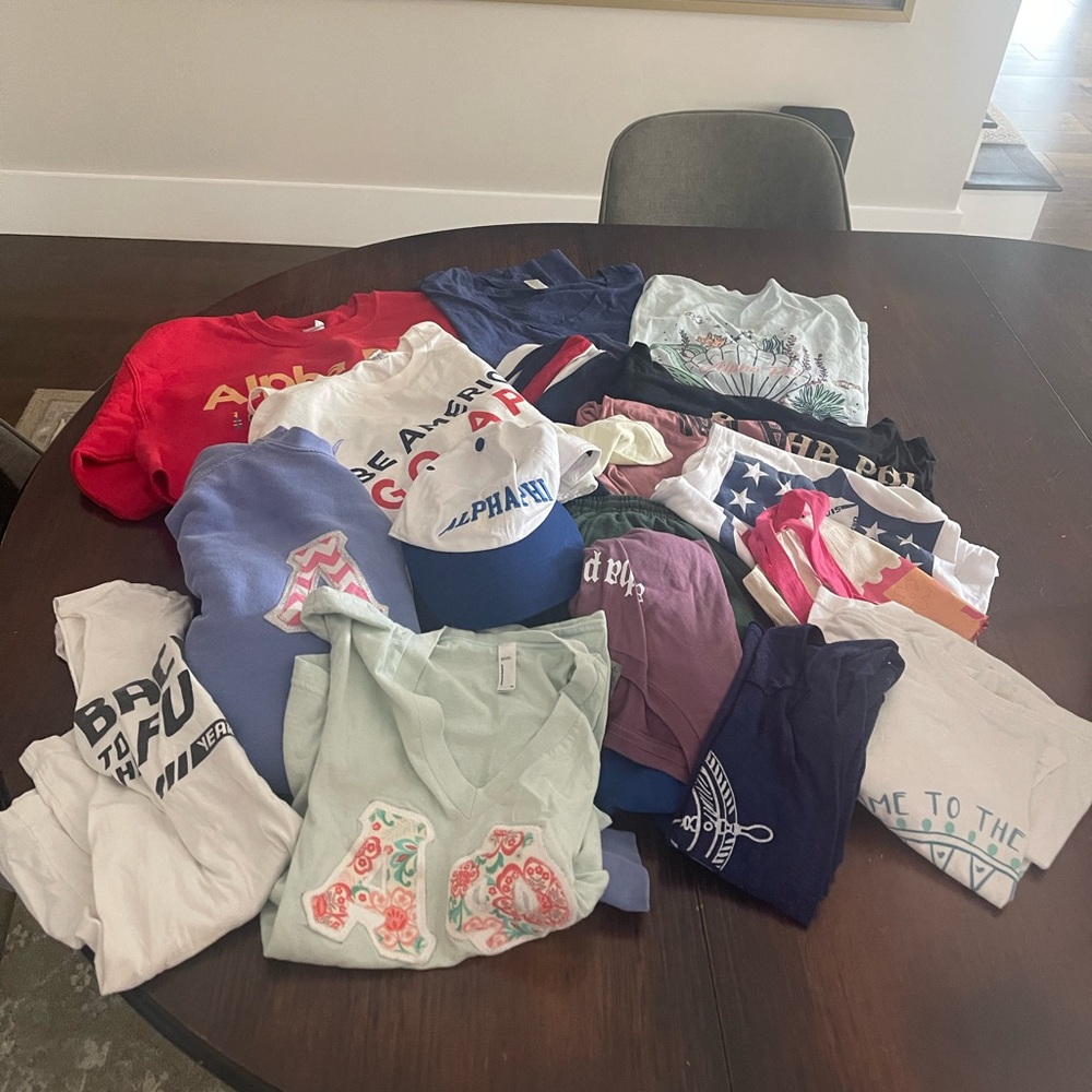Big Mixed Box of Alpha Phi tees, sweatpants , sweatshirts etc